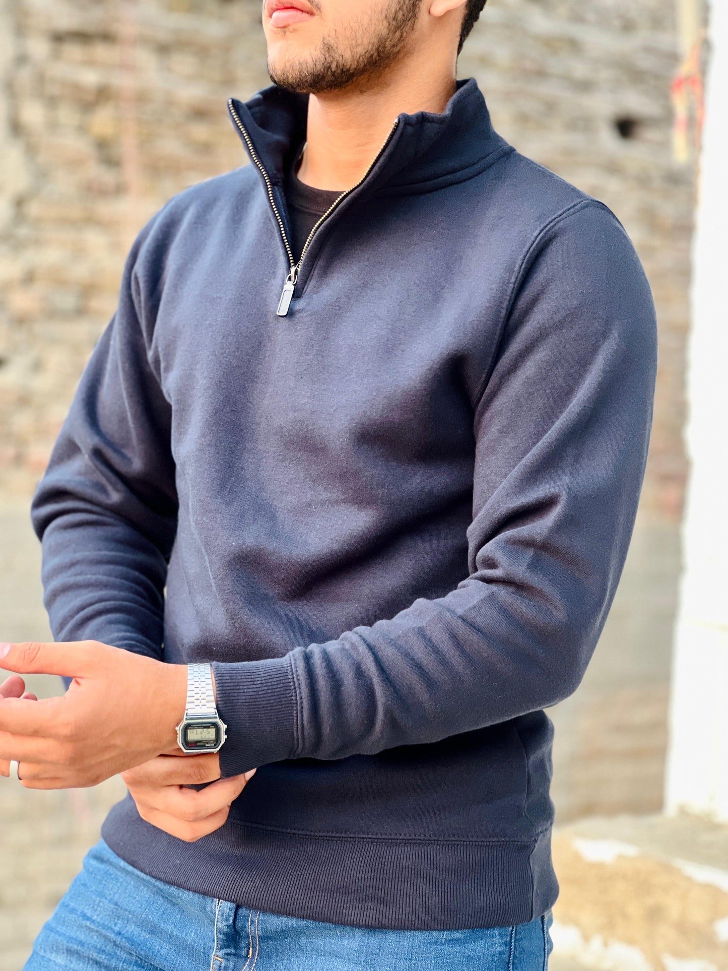 Navy Blue Half Zip Mock Neck Sweater