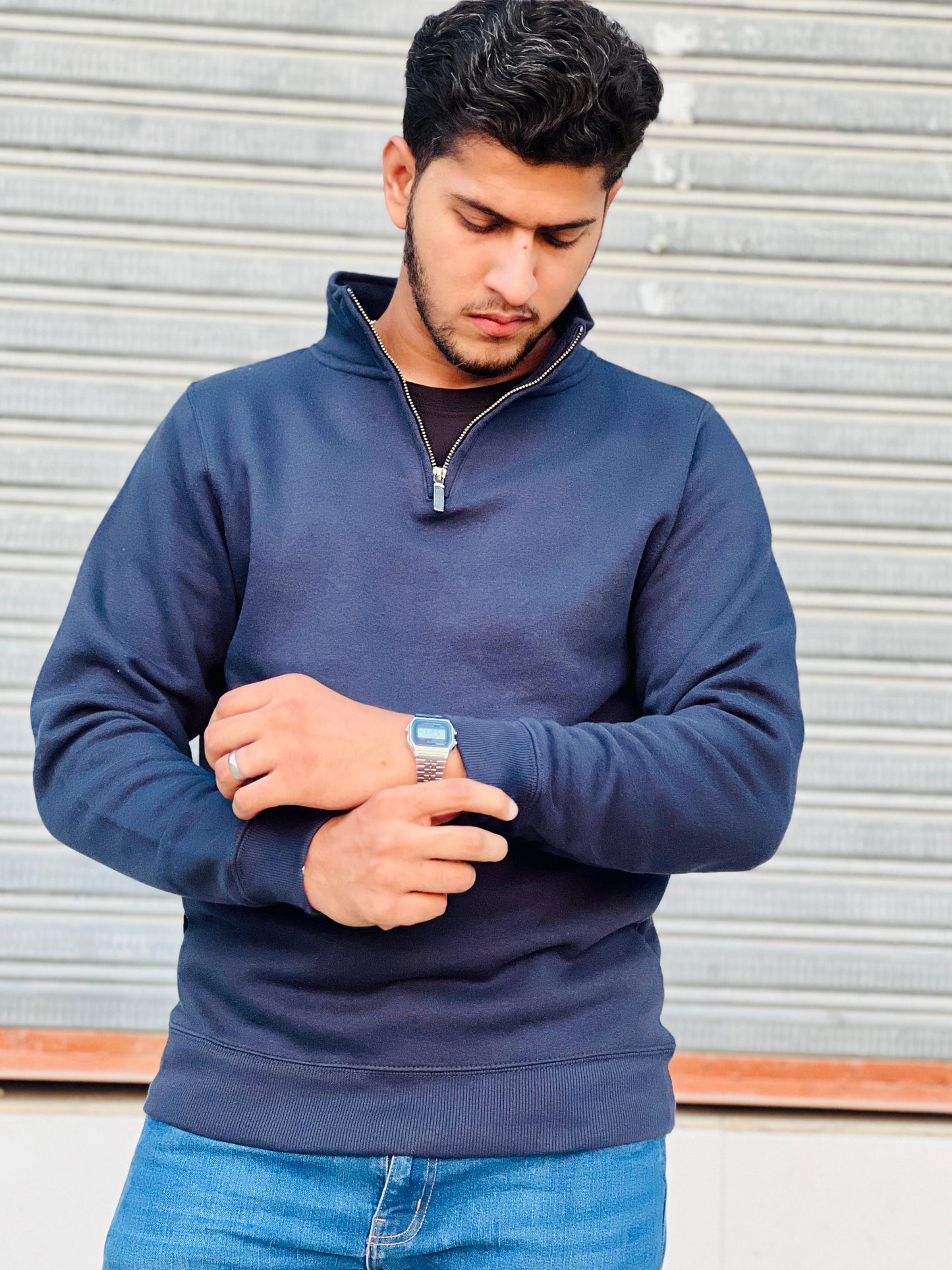 Navy Blue Half Zip Mock Neck Sweater