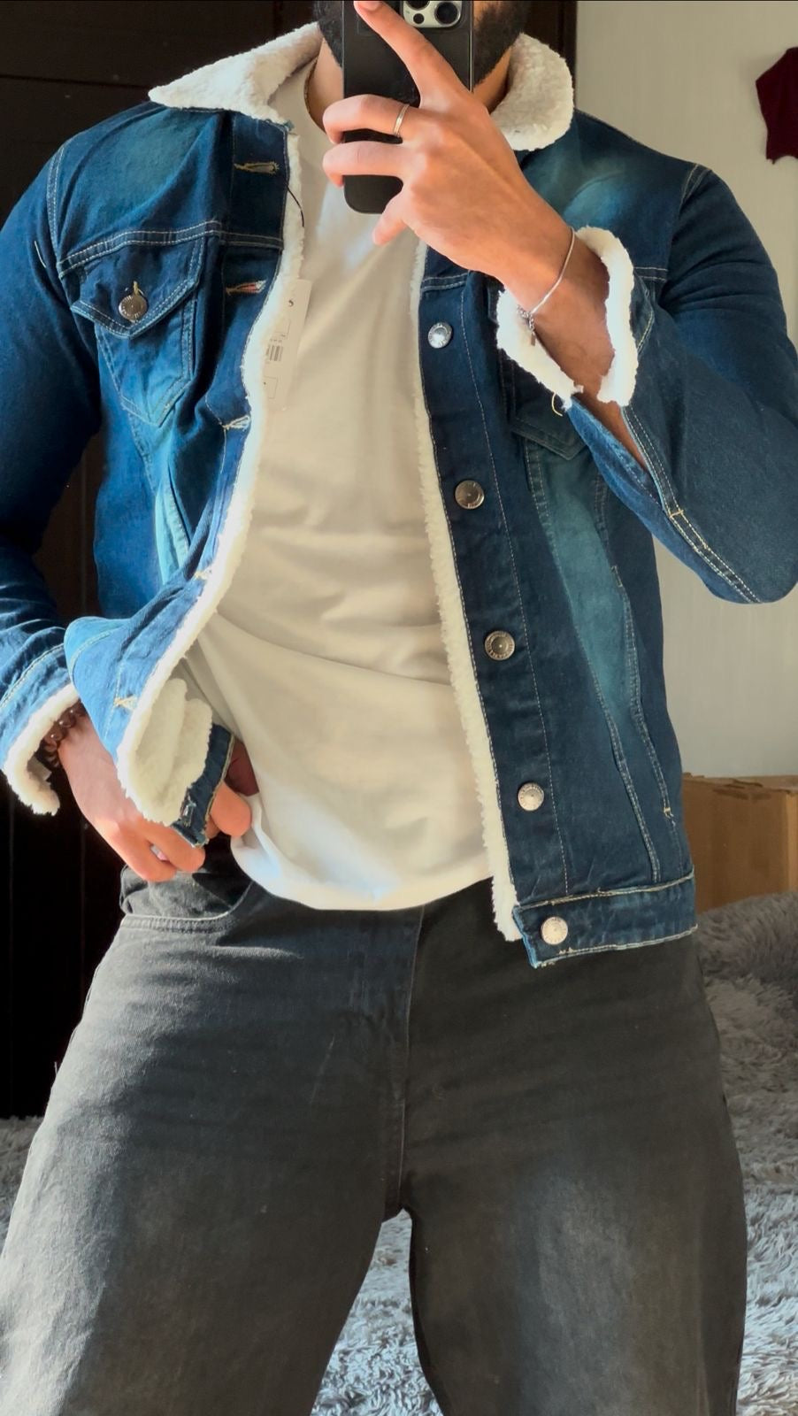Denim Jacket with Fur in Navy Blue