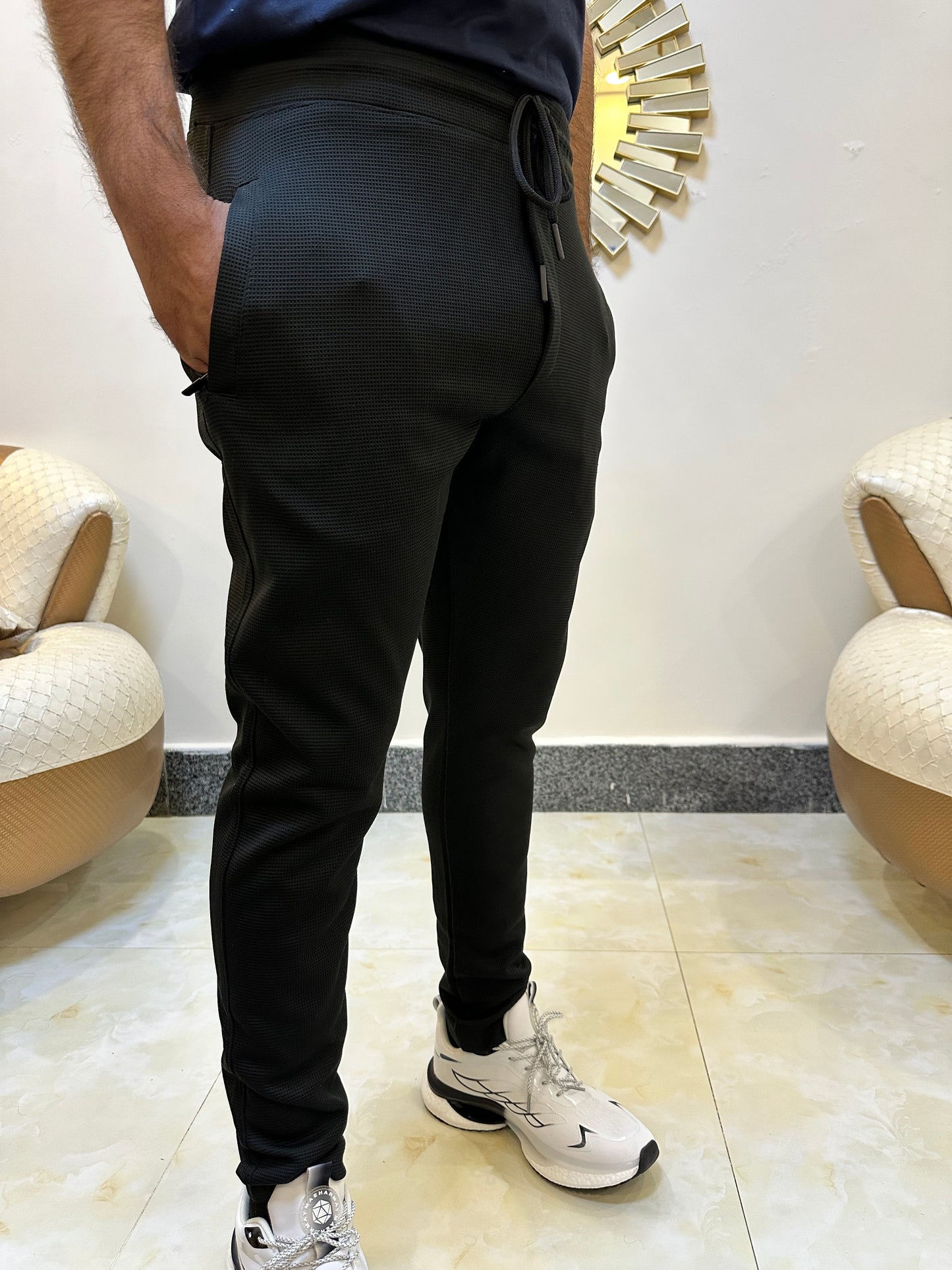 Black Waffle Knit Straight Trousers