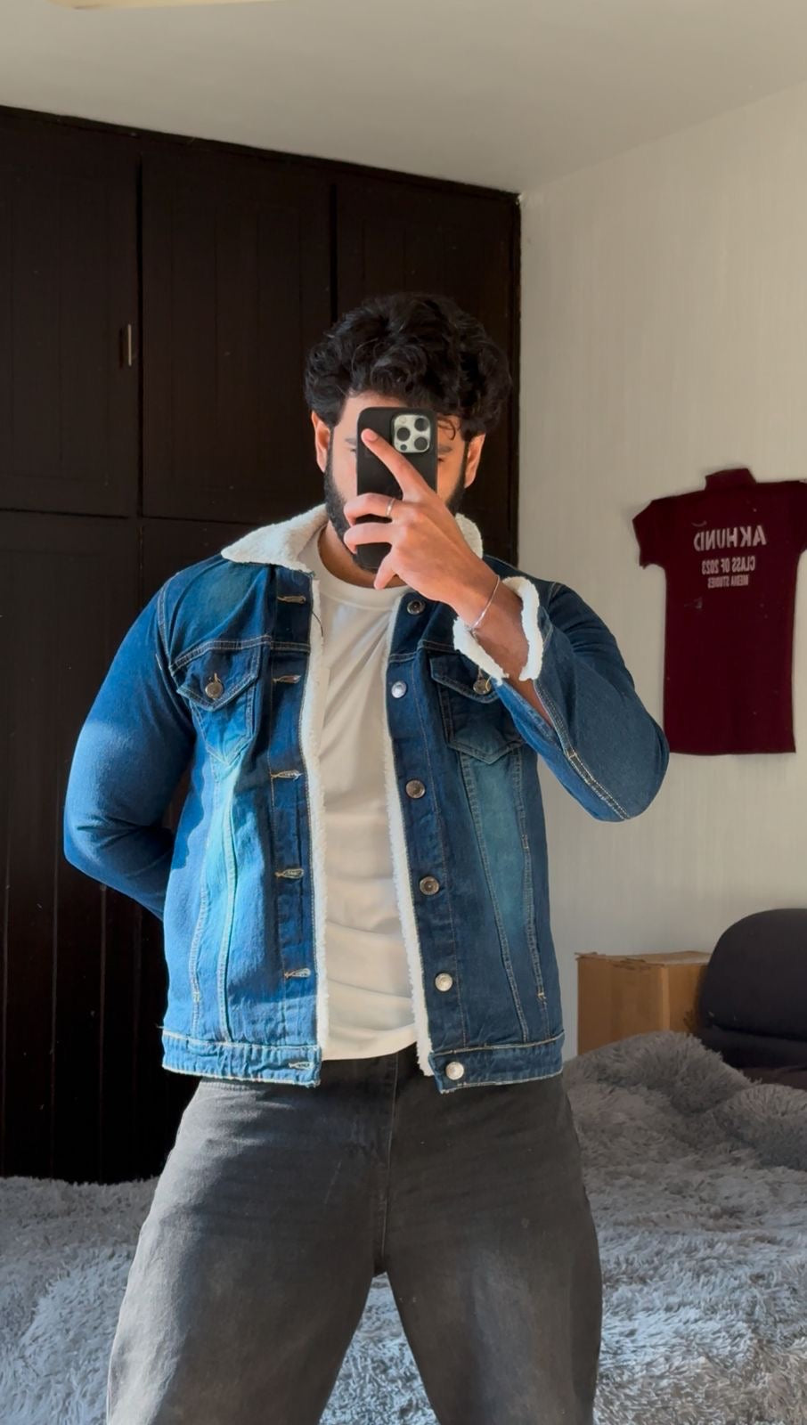 Denim Jacket with Fur in Navy Blue