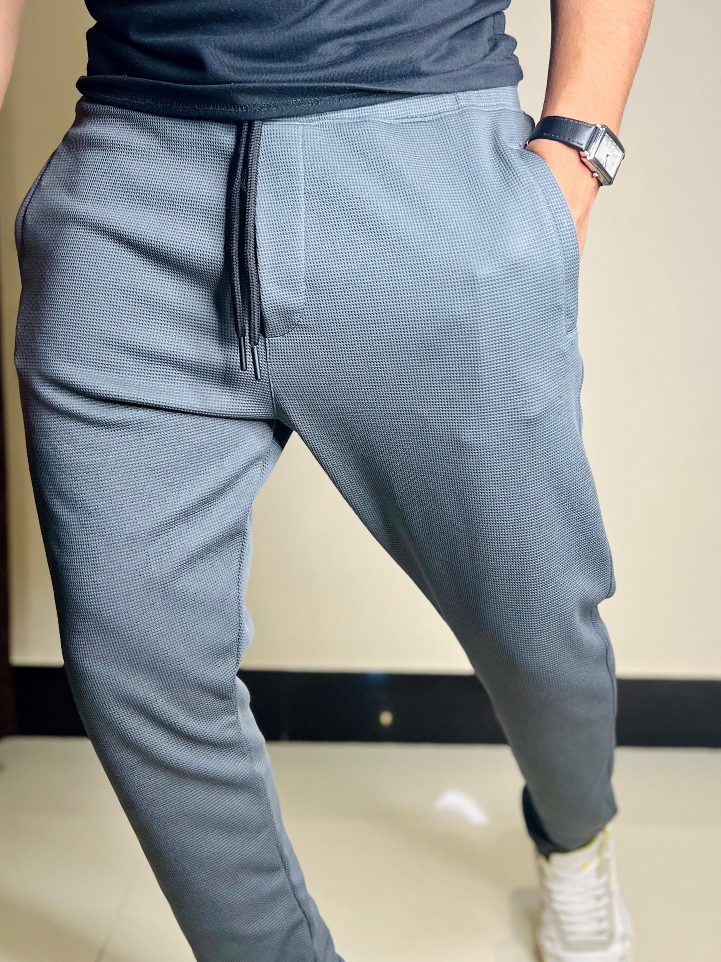 Charcoal Grey Waffle Knit Straight Trousers