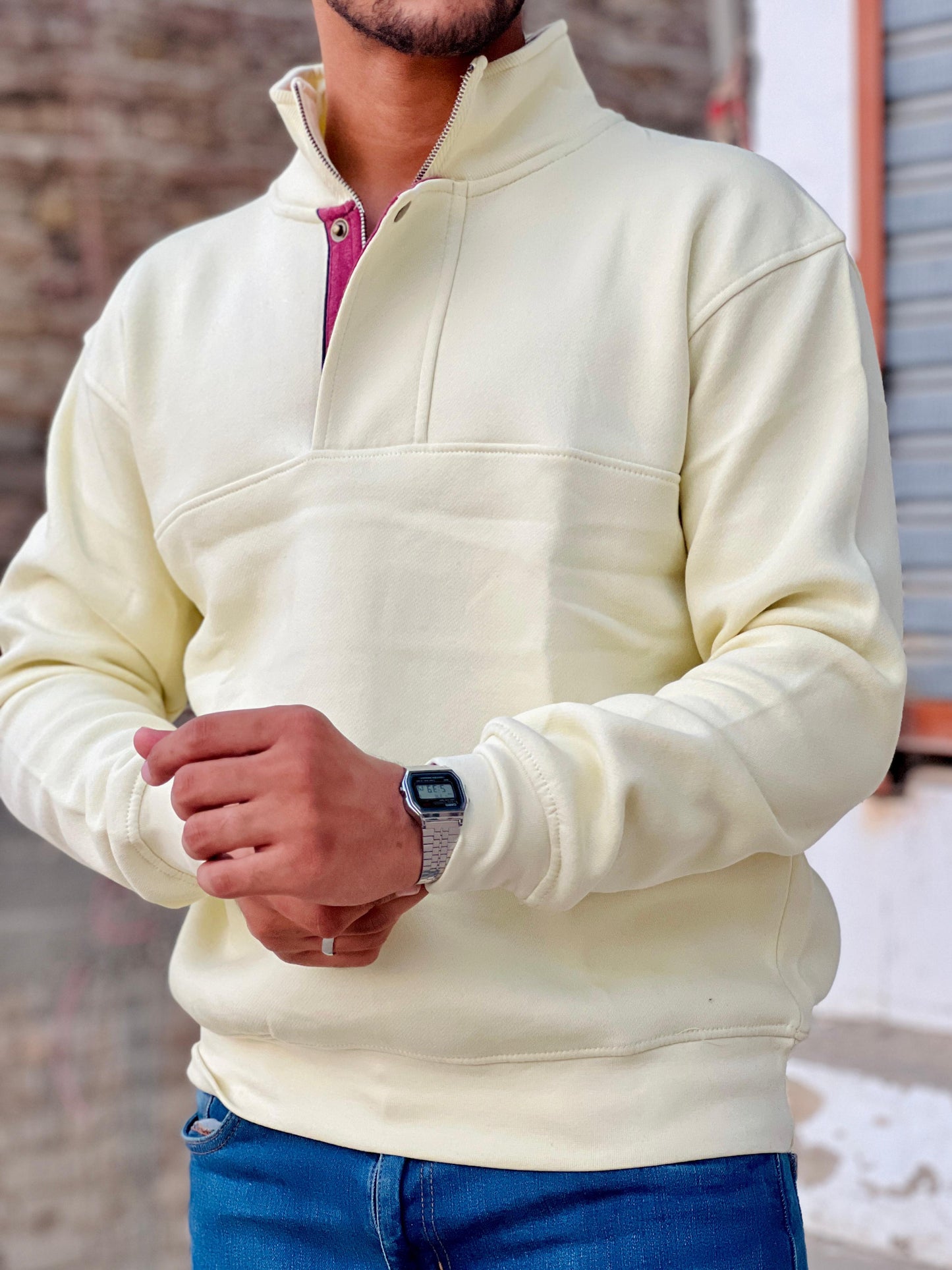 Beige Half Zip Mock Neck Sweater