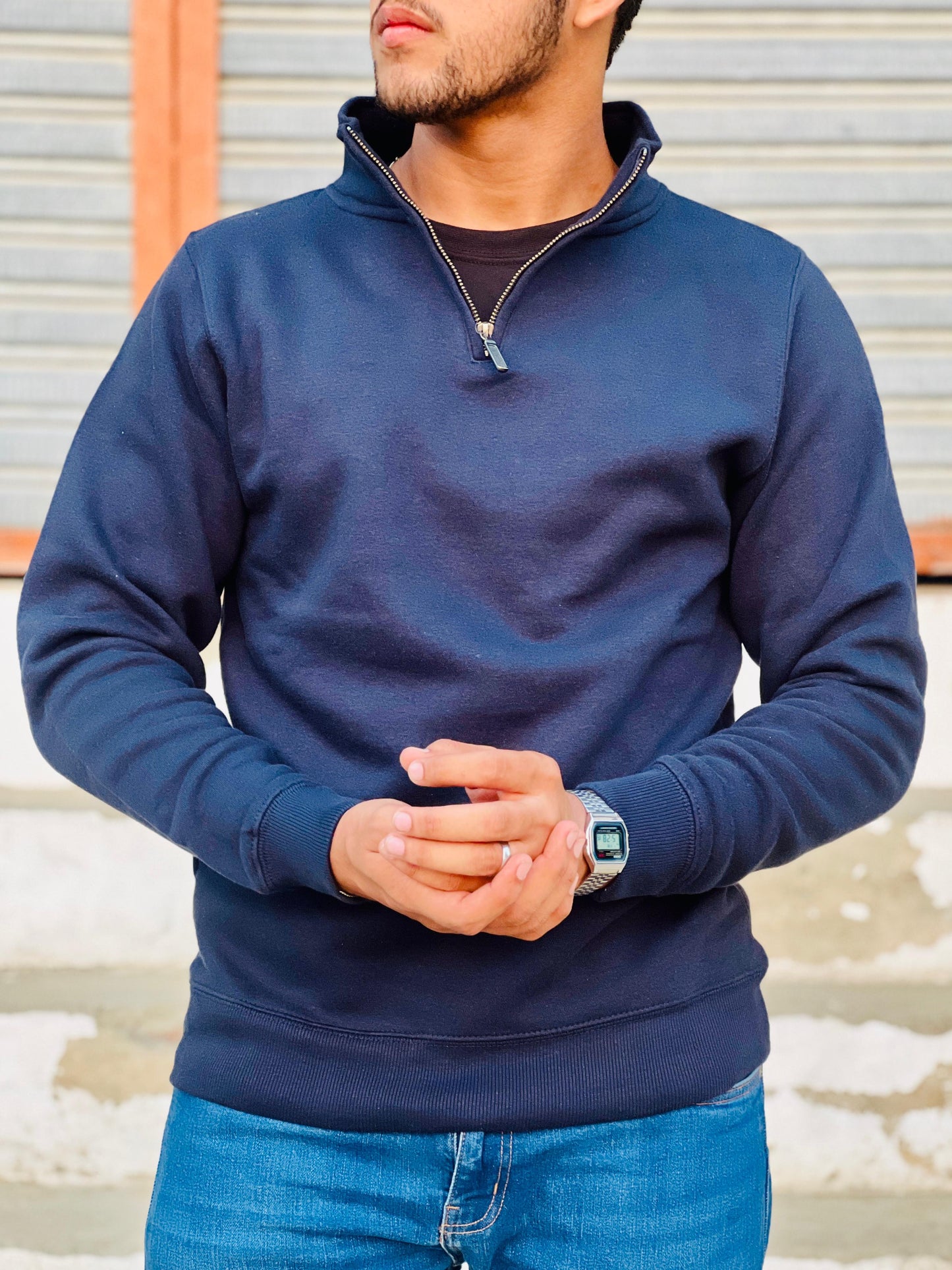 Navy Blue Half Zip Mock Neck Sweater