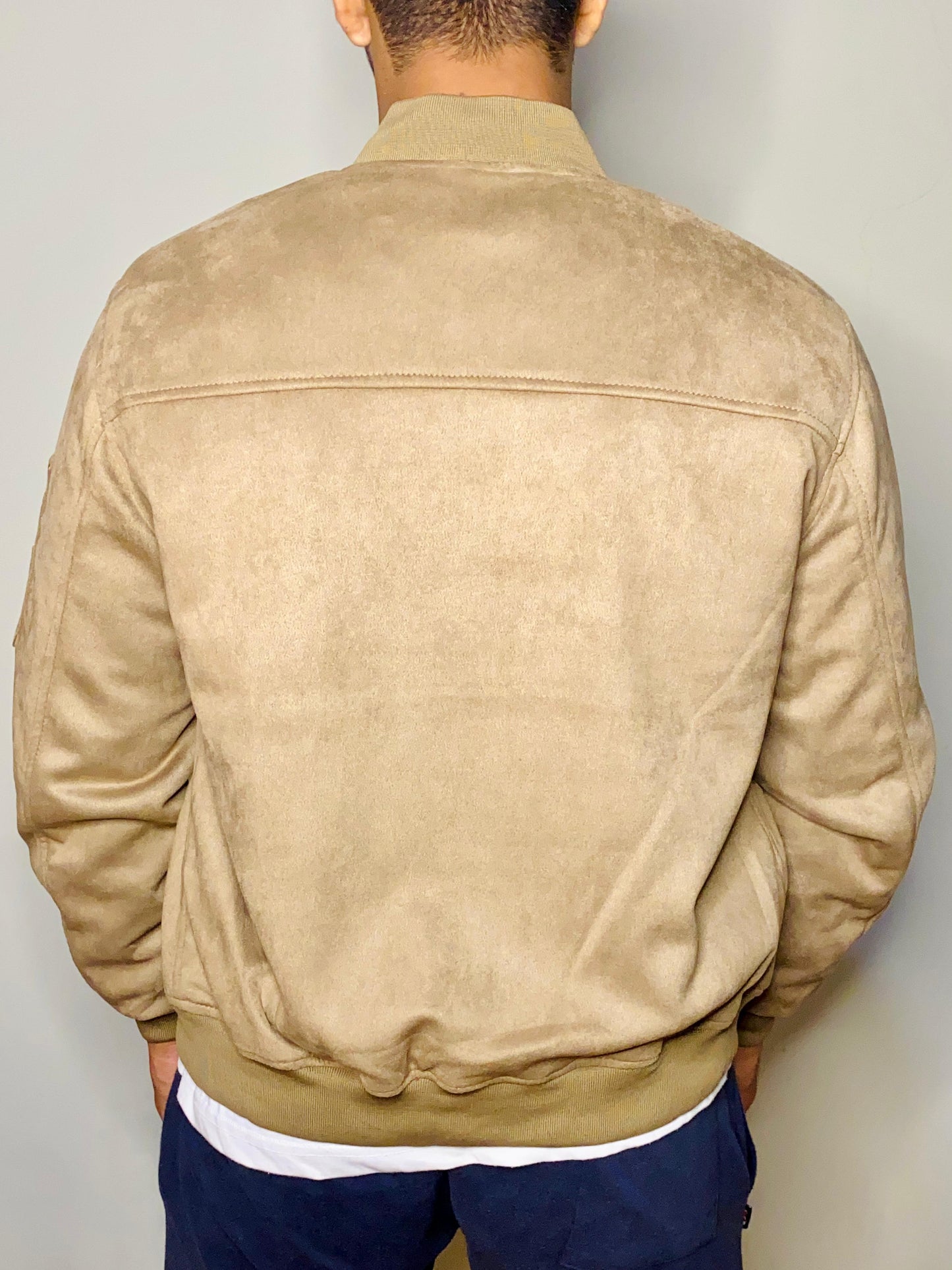 Beige FAUX SUEDE Bomber Jacket for Men.