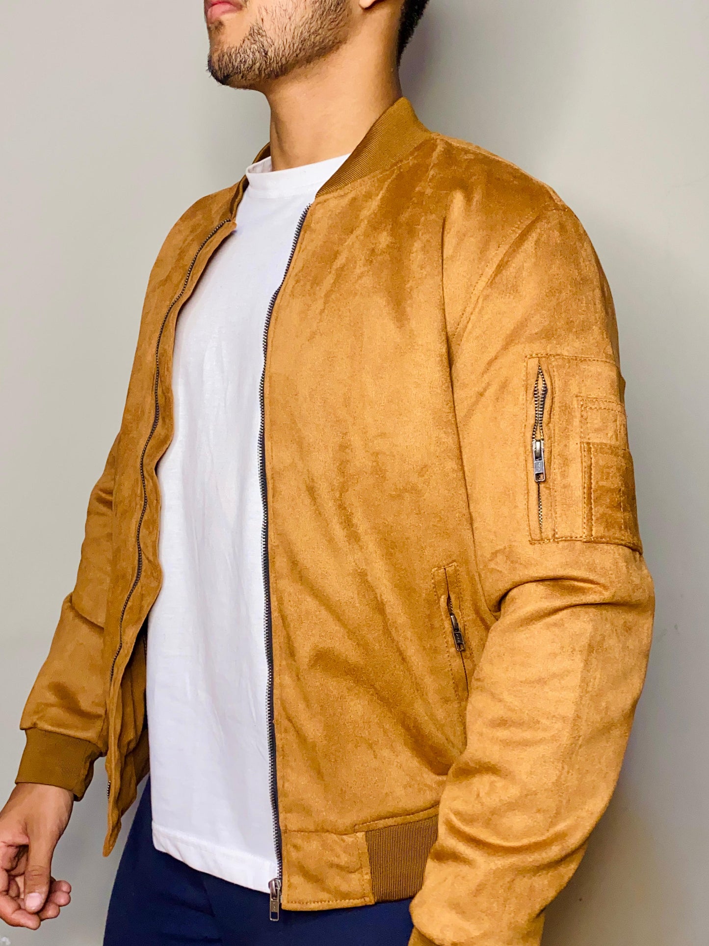 Brown Faux Suede Bomber Jacket for Men