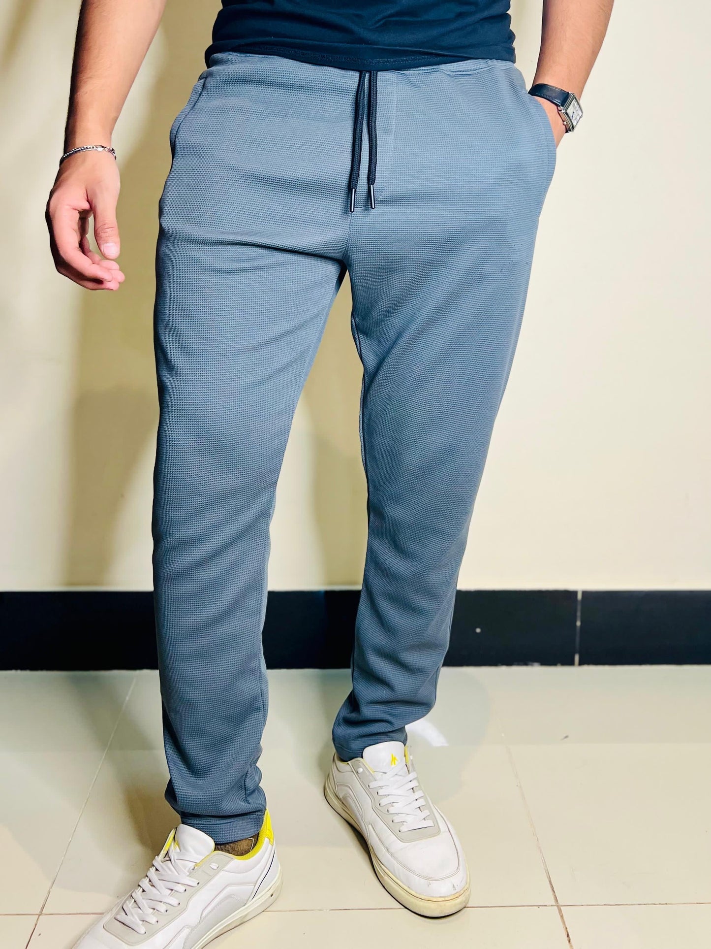 Charcoal Grey Waffle Knit Straight Trousers