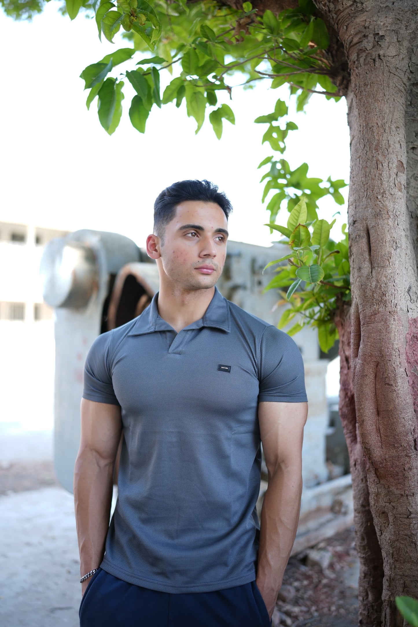 Charcoal Grey Waffle Knit Polo