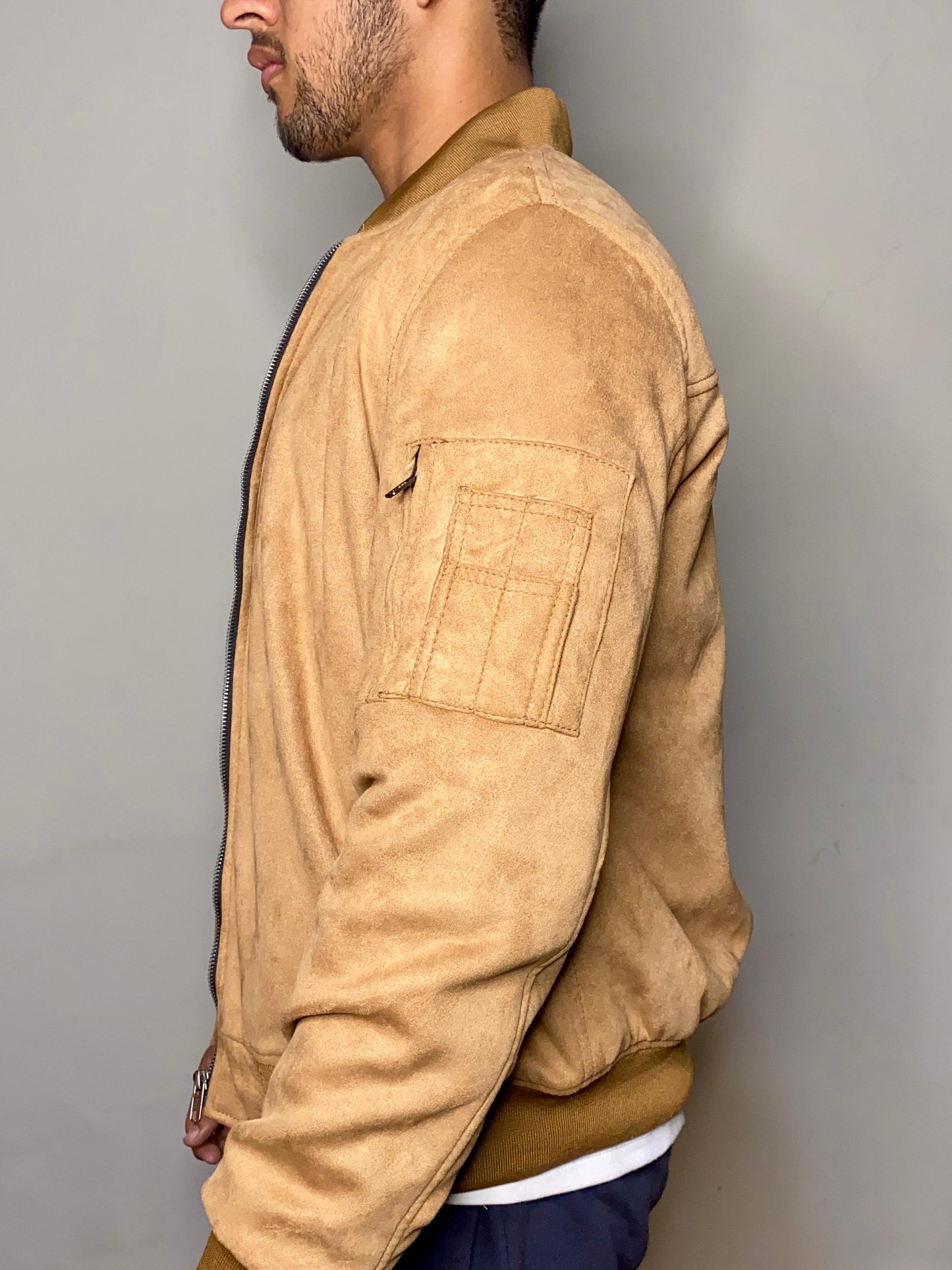 Mustard Faux Suede Bomber Jacket for Men