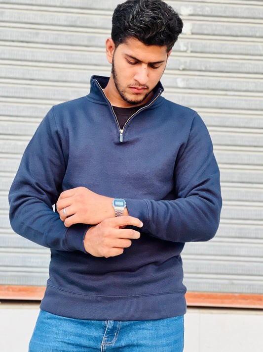 Navy Blue Half Zip Mock Neck Sweater