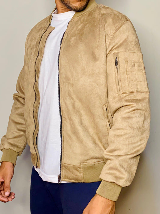 Beige FAUX SUEDE Bomber Jacket