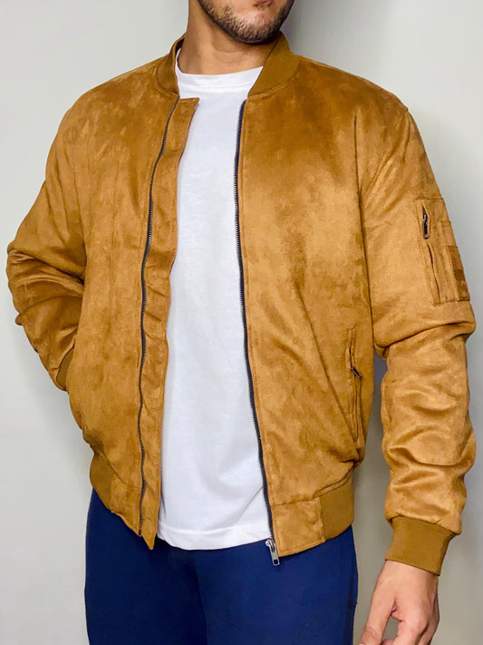 Brown Faux Suede Bomber Jacket