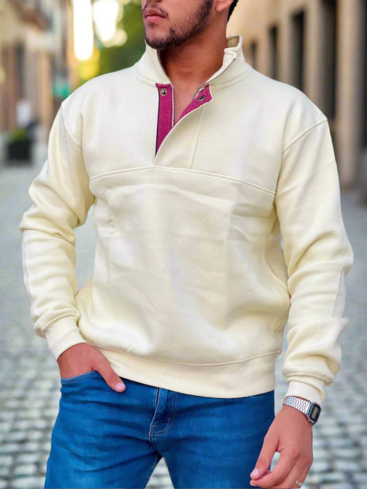 Beige Half Zip Mock Neck Sweater